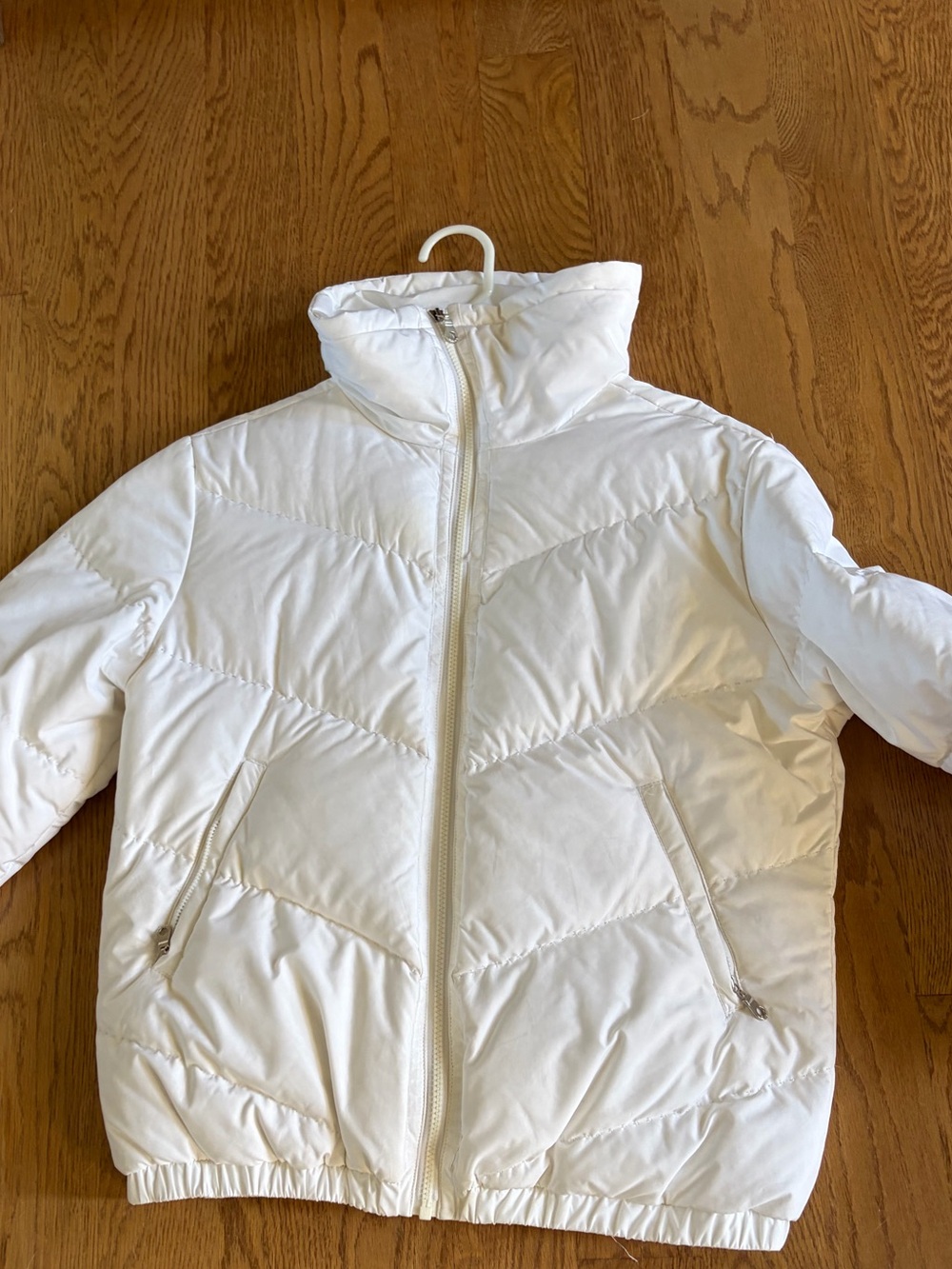 DKNY White Puffer Jacket with High Collar